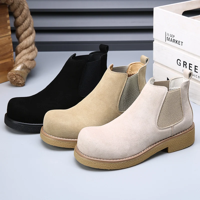 Botas amarillas grandes para hombre, suela antideslizante duradera, suela alta y gruesa, botas de trabajo británicas con forro polar para invierno, novedad de 2025