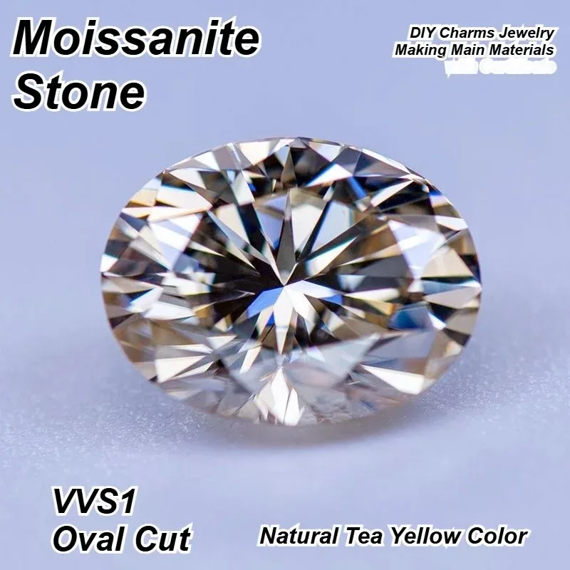 Hot Sale Moissanite Stone Oval Cut Natural Tea Yellow Color VVS1 DIY Charms Jewelry Making Main Materials with Certificate