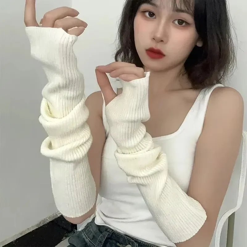 Long Fingerless Gloves Women‘s Mitten Winter Arm Warmer Knitted Arm Sleeve Fine Casual Soft Girls Goth Clothes Punk Gothic Glove