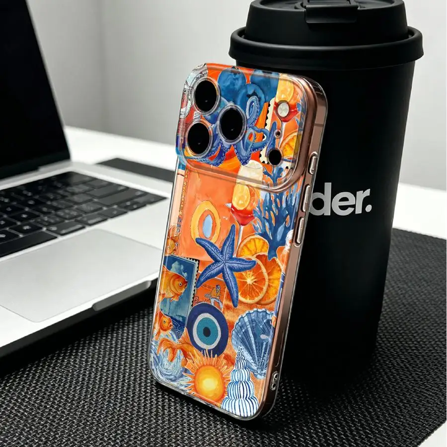 Soft Phone Cover Case for iPhone 17 Pro Max XS Max 11 13 Pro 15 Air 17e XR 12 Mini 14 Plus 16 Orange Blue Ocean Collage