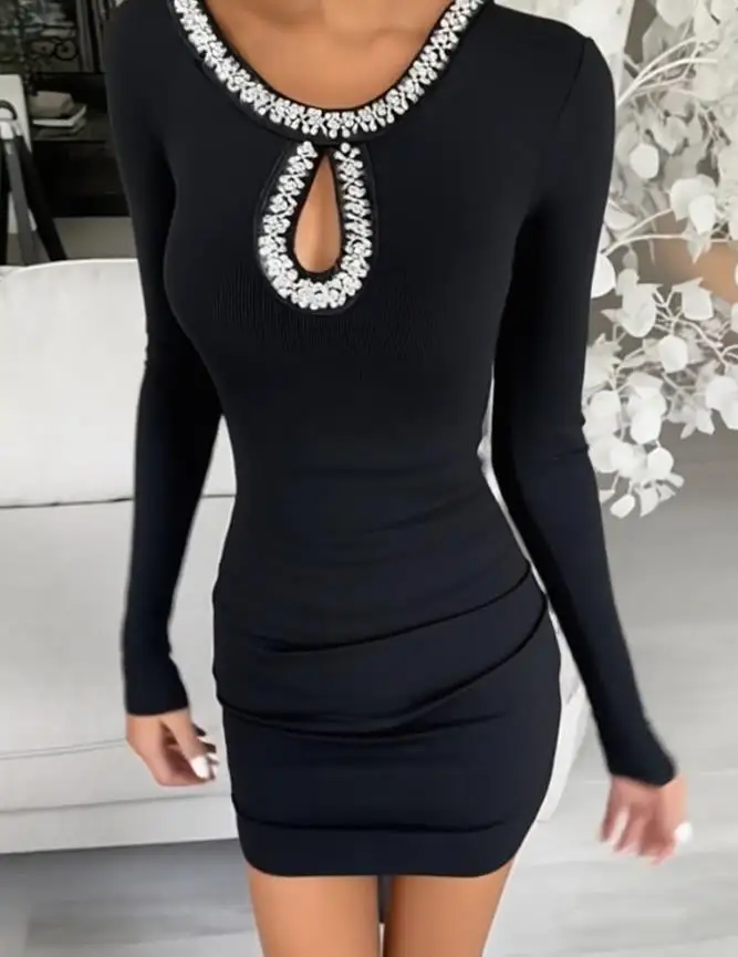 여성 드레스 2025 봄 여름 신상품 라인스톤 장식 긴 소매 홀로우 워터드롭 바디콘 드레스 캐주얼 사이드 러치드 미니 드레스