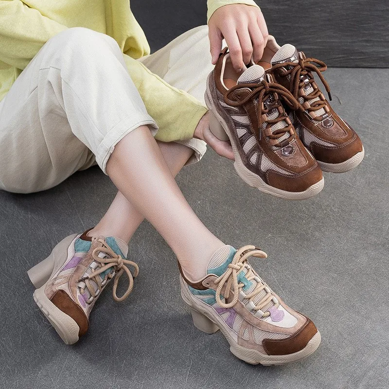 Johnature 2026 Autumn New Fashionable Breathable Sports Style High Heels Mixed Colors Versatile Lace-up Women's Shoes