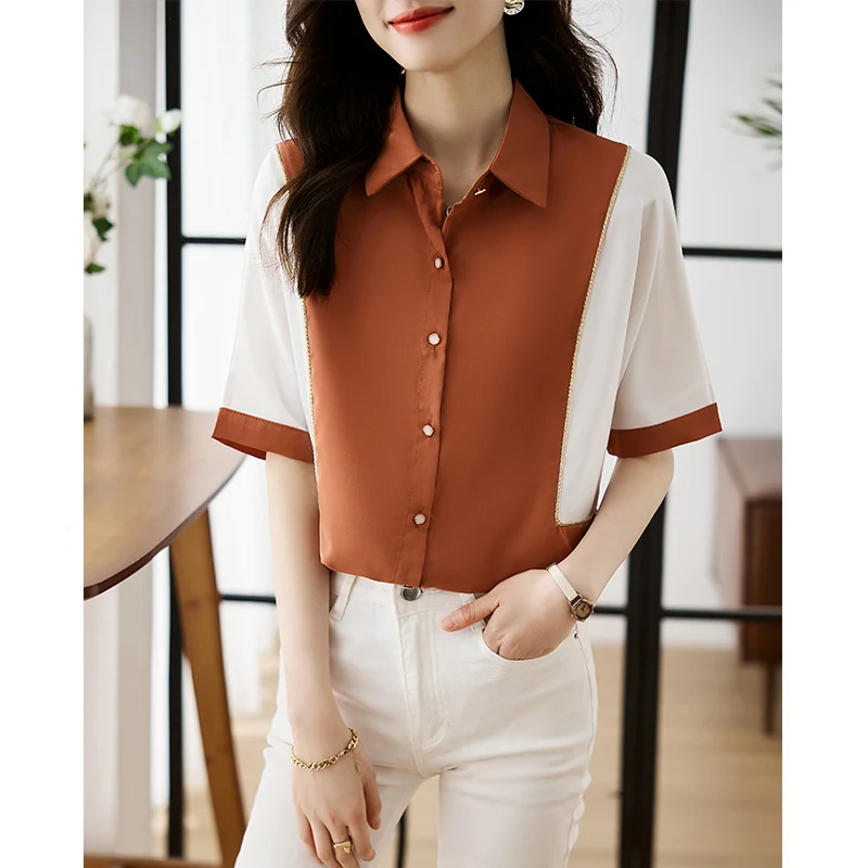 

Summer Women's Comfortable Loose Casual Chiffon Shirts Spliced Turn-down Collar Vintage Cardigan Short Sleeve Fashion Blouse