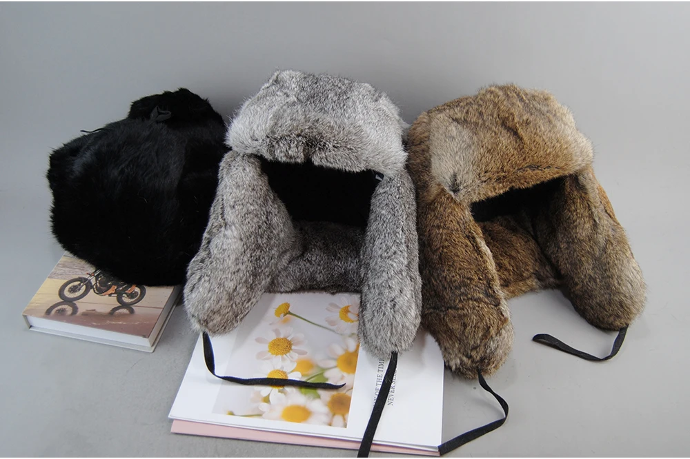 

Genuine Rabbit Fur Bomber Hat for Men - Windproof Winter Cap with Earmuffs, Russian Style Flat Grey/Black Casquette