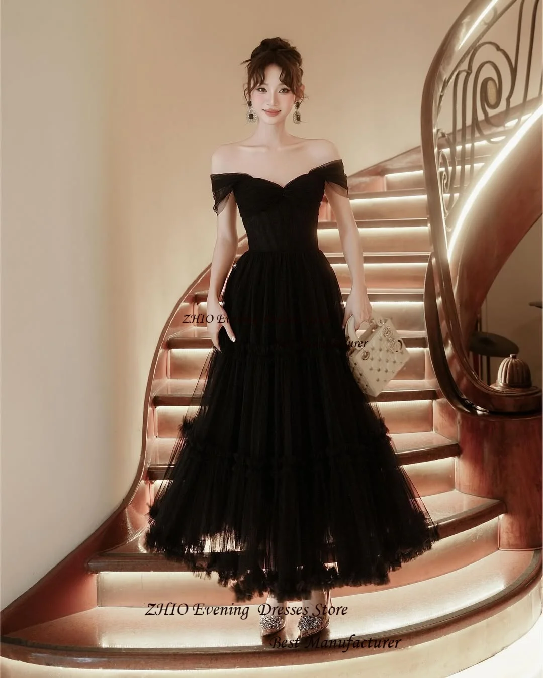 ZHIO Modern Sweetheart Organza A Line Abito da sera Abito con spalle scoperte Multi strati Zip Back Illusion Lunghezza caviglia Manica corta