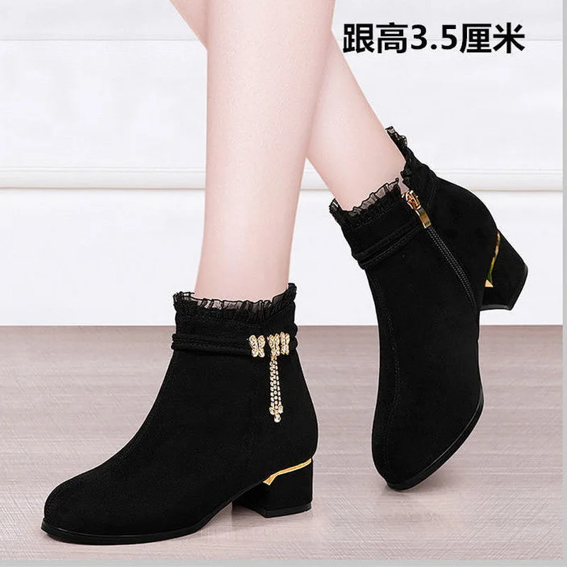 FHANCHU Fashion Women Flock Ankle Boots,Mid Heeels Winter Shoes,Lace Short Botas,Round Toe,Side Zip,Black,Dropship