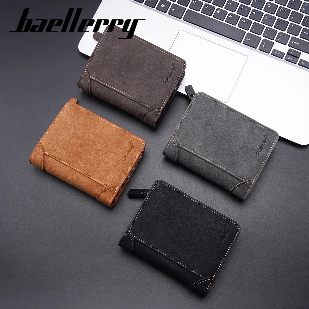 Baellerry New Men's Short Wallet Retro European and American Three fold Multi Card Zipper Men's Change Bag Card Bag