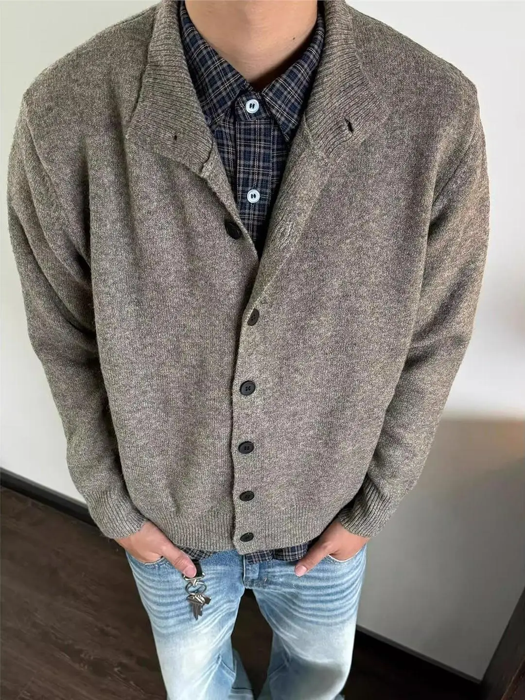 

Korean Sle Loose Fit Knitted Open Cardigan Sweater f High Collar Men's Casual Outerwear Versatile Autumn Winter New Tren...