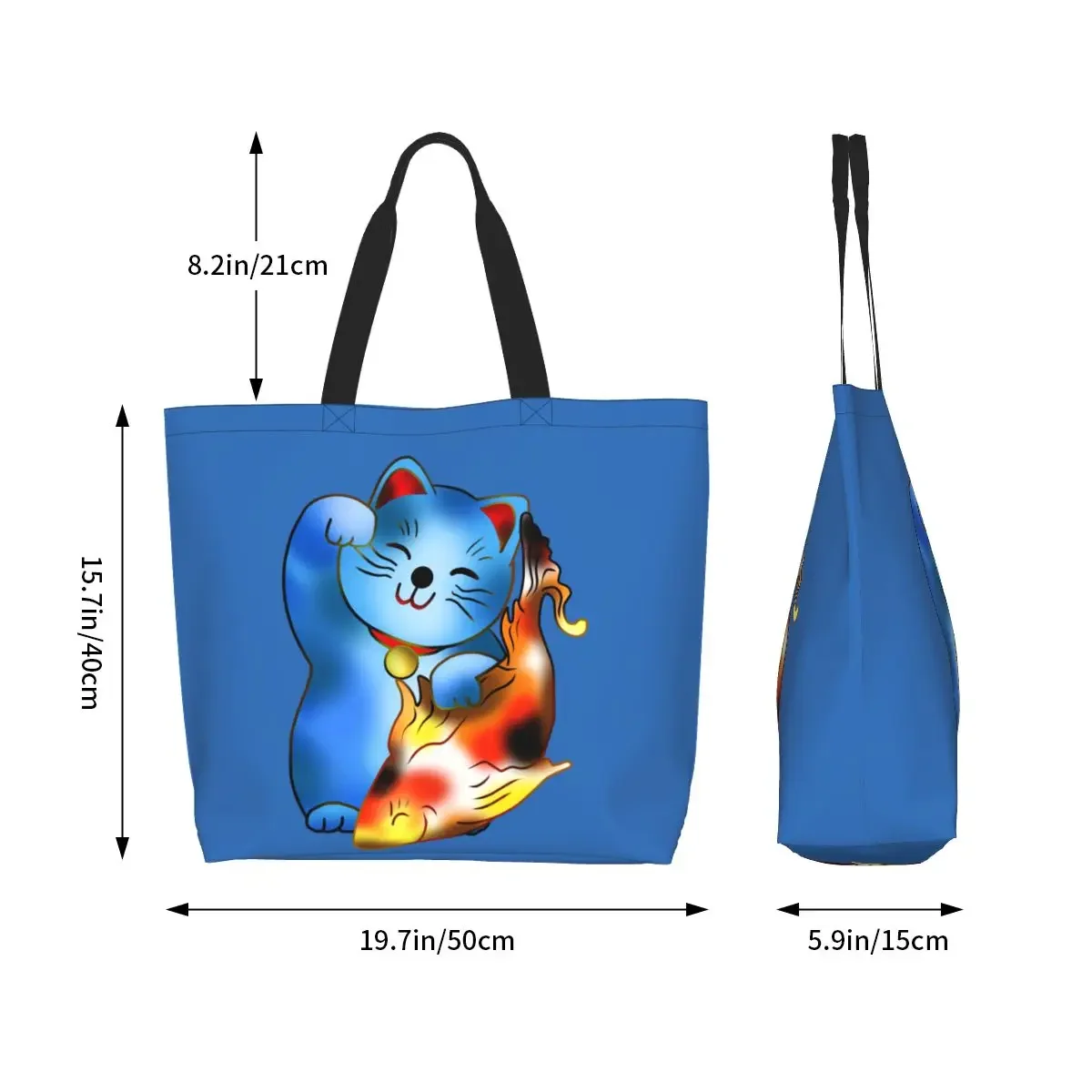 Maneki Neko-Bolso de lona personalizado para mujer, bolsa reutilizable de gran capacidad con diseño de gato de la suerte y pez, ideal para compras de comestibles