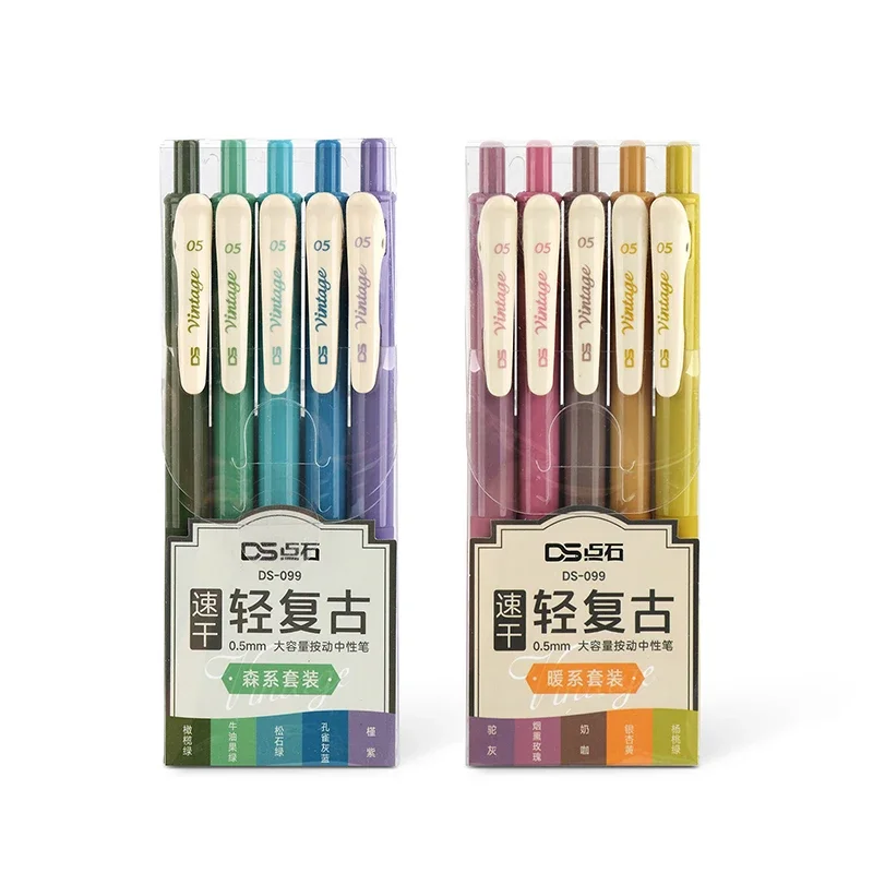 5-Pack Retractable Colored Gel Pens Quick Dry Ink 0.5mm Vintage Pen for Planner Drawing School Office Stationery