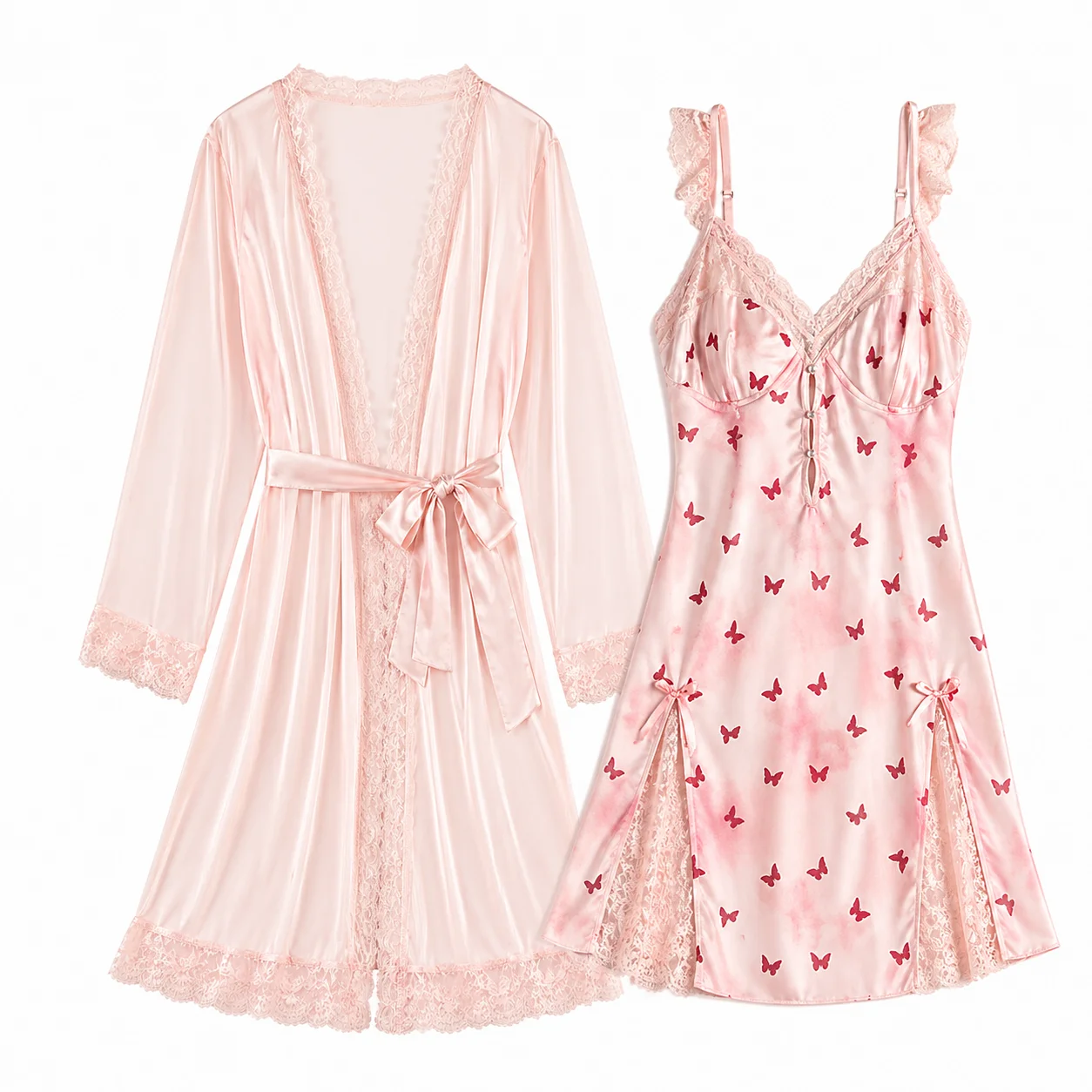Sexy Lingerie Lace Flutter Sleeve Hollow Out Push Up Backless Babydoll Robe Loungewear Set Erotic Hot Women Underwear Nightgown