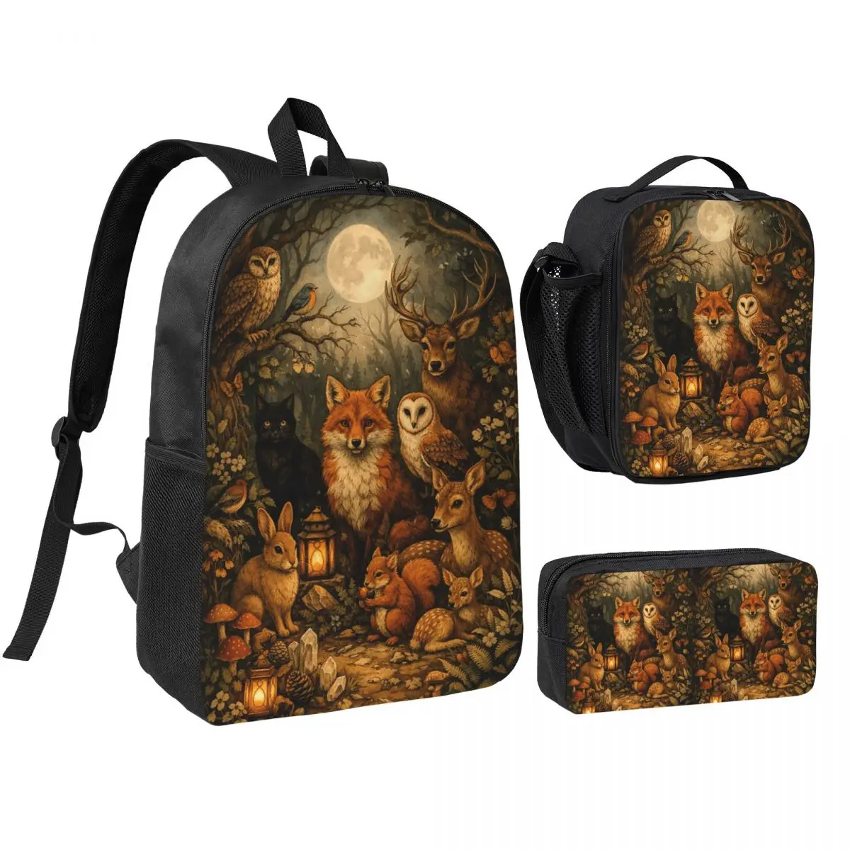 Enchanted Woodland Fox Moonlit Night Backpack Student BookBag School Bag Shoulder Bags 3ps Insulated Lunch Bag Pencil Case