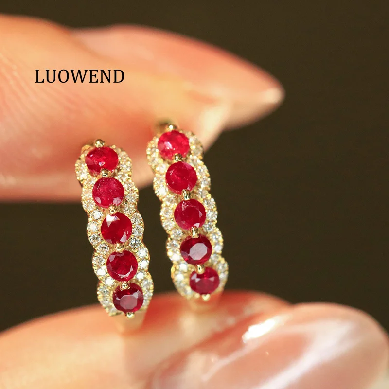 

LUOWEND 100% 18K Yellow Gold Earrings Elegant Style Shiny Diamond Natural Ruby Hoop Earrings for Women High Wedding Jewelry