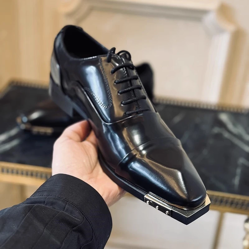 Flat men's leather shoes autumn new metal toe formal top layer cowhide banquet Oxford shoes square heel large size men's shoes