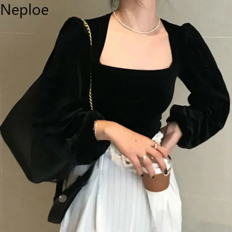 Neploe Retro Gold Velet Square Collar Puff Long Sleeve Short T Shirt Solid Slim Fit Temperament Autumn Spring New Tee 2024