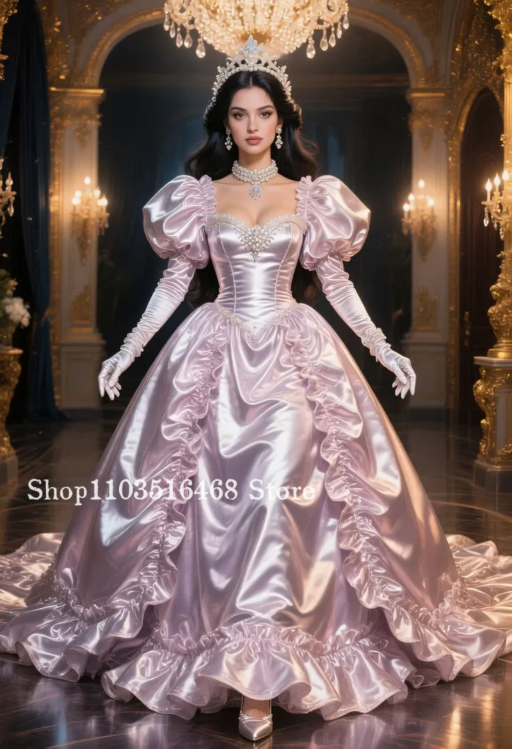 

Customized Soft Pink Vintage Victorian Long-Sleeve Sweetheart Neckline Ball Gown Special Occasion Evening Dress Cosplay Costume