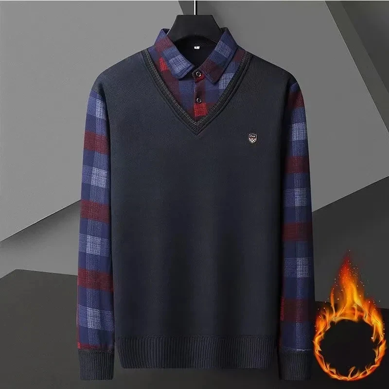 Autumn Winter Middle-aged Elderly Knitted Velvet Shirt Men's Thickened Sweater Base Warm Fake Two-piece Top