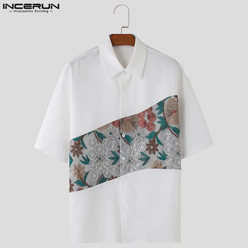 INCERUN Tops 2024 Korean Style Fashion Men Patchwork Lace Embroidery Flower Shirt Handsome Male Short Sleeved Lapel Blouse S-5XL