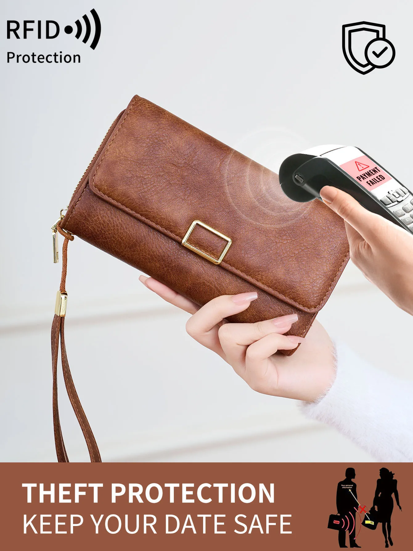 RFID Blocking Wallet Fashion Vintage Women Long Wallet Multifunction LargeCapacity Trifold Credit CardHolder ZipperClutch Wallet