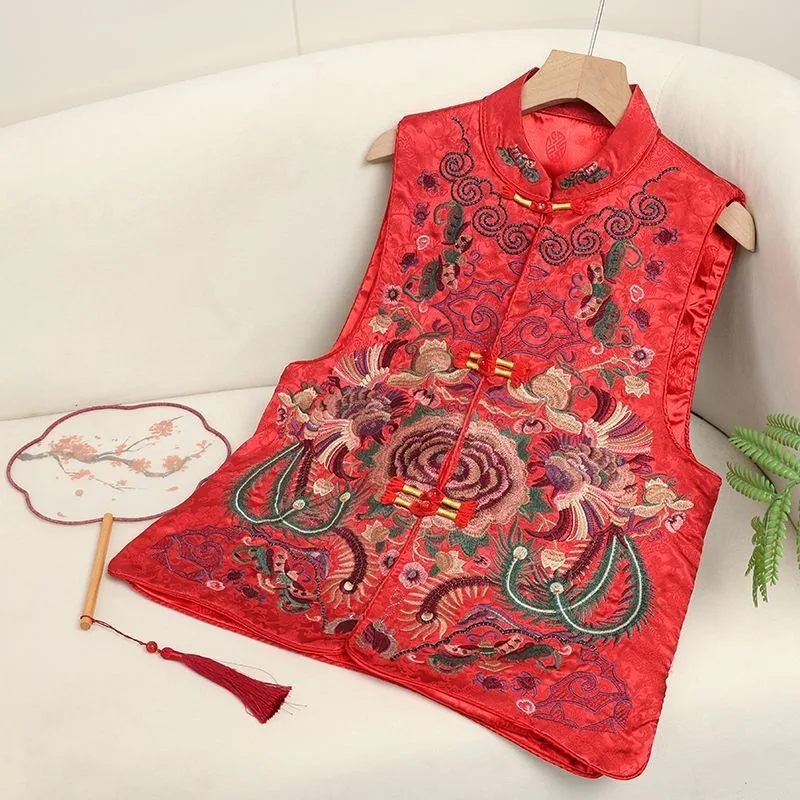 New Chinese-style Women's Vest Spring and Autumn Retro Button-up Heavy Embroidery Stand-up Collar Cardigan Fashion Personality