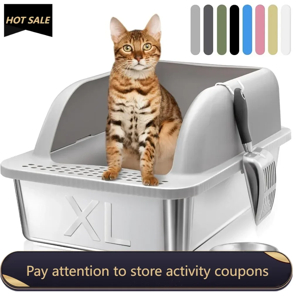 

Metal Cat Litter Box, Non-Stick Stainless Steel Litter Box High Sides, Extra Large Cat Litter Box Odor Control Easy Clean(Gray)