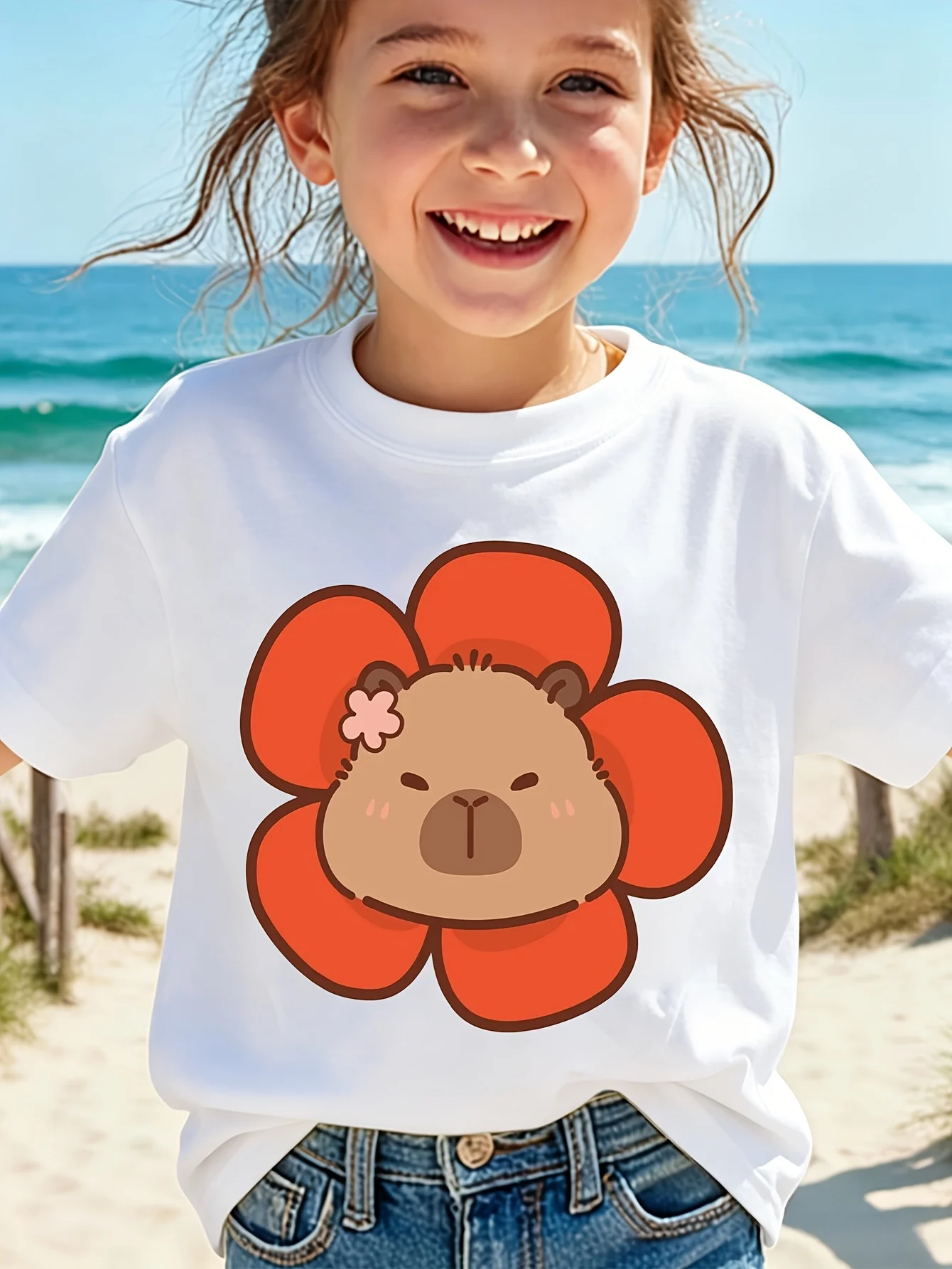 Kids Cute Capybara Red Flower Cartoon Graphic Tee Boys Girls Family Matching Short Sleeve Kawaii Animal Casual Daily T Shirt