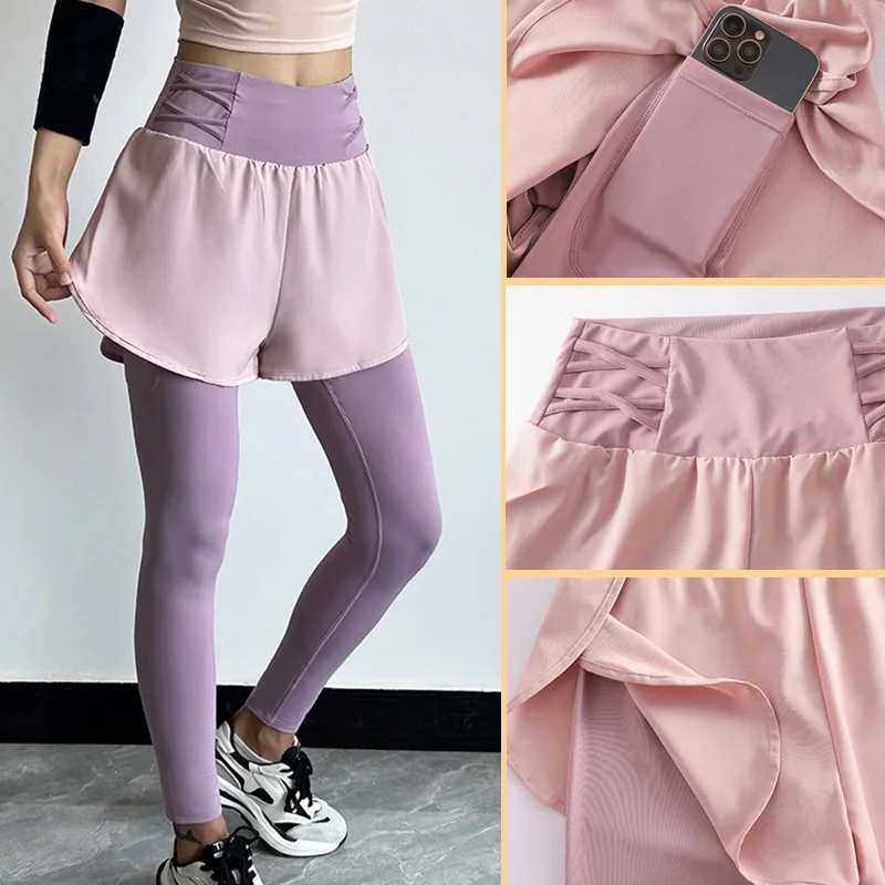 PofyBofy Pocket Fake Two Pieces Crisscross Widen Waistband Breathable Elastic Women Legging Fitness Yoga Running Pants Trousers