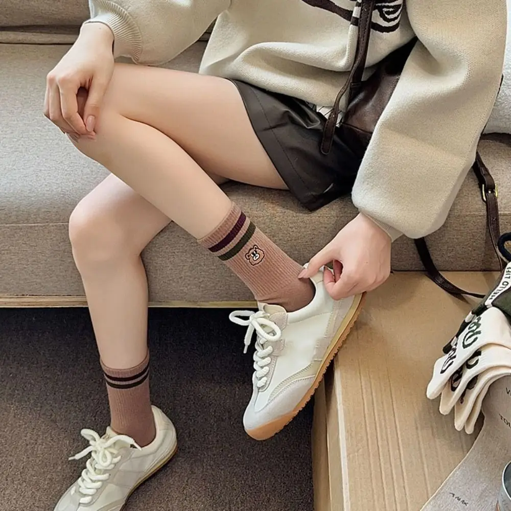 4Pairs Bear Pattern Girls Mid-calf Socks Letter Brown Series College Style Hosiery Stripe Harajuku Middle Tube Hosiery