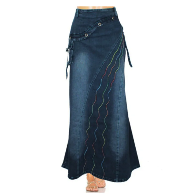 2024 Cekcya Vintage Denim Skirt for Fashion Women Ladies High Waist Printed Fishtail Long Skirts Female Blue Jeans Midiskirt