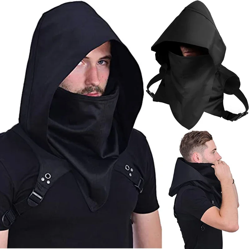 Men's Medieval Vintage Pirate Cosplay Hooded Cloak Black Cyberpunk Rogue Cowl Hood Scarf Halloween Party Costume Props