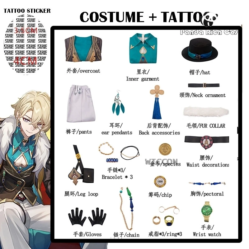 زي تأثيري أفنتورين للرجال ، لعبة شعر مستعار ، الشرف: ستار ريل ، أنيمي بشري ، حفلة هالوين ، ملابس رجالية ، أقراط ، ملصق وشم