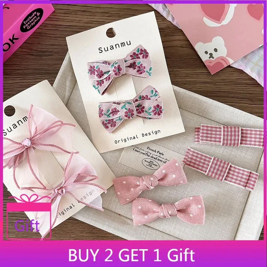 

2025 Vintage Pink Pearl Bowknot Polka Dot Plaid Girls Half Hair Clips Sweetheart School Style Side Hairpins