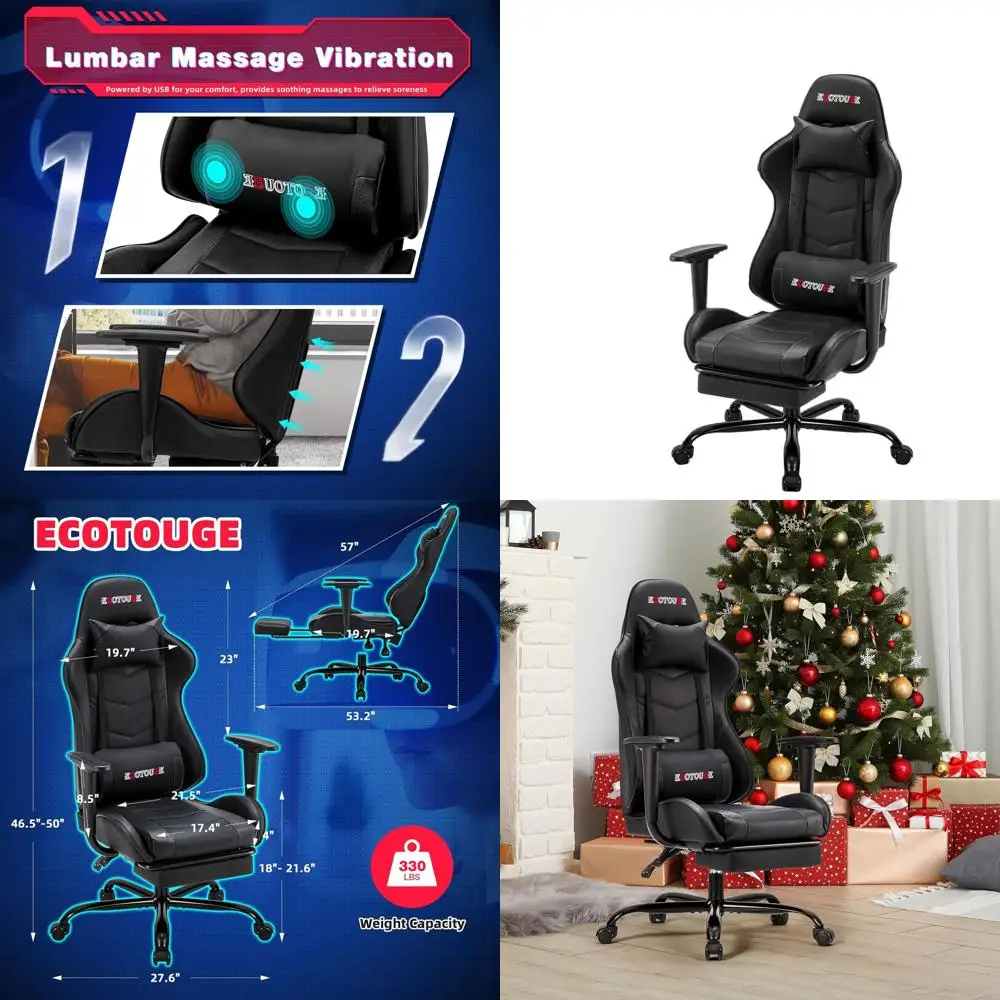 

Игровое кресло с высокой спинкой из искусственной кожи, подставкой для ног, функцией откидывания, подголовником и поясничной поддержкой — черное