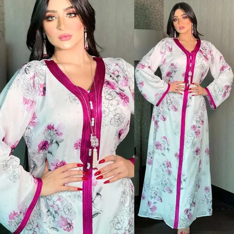 

Fashionable New Gold Silk Chiffon Ink Wash Printed Robe for Women Abaya Ethnic Style Arab Dubai Dress Dubai Luxury Islam Elegant