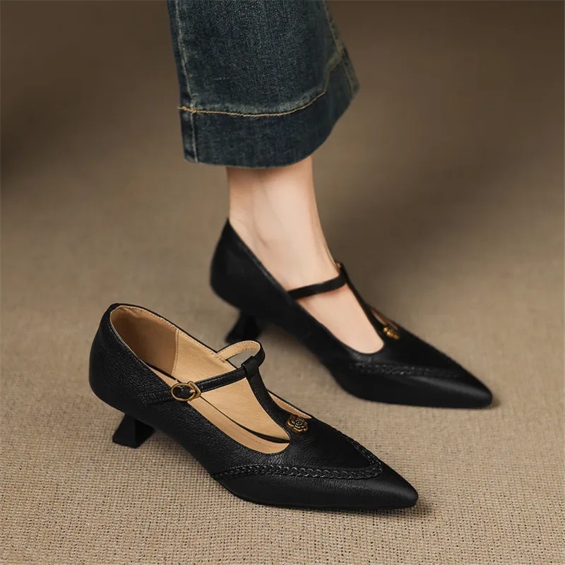 

Новая весенне-летняя женская обувь из натуральной кожи, женская обувь с острым носком, модная женская обувь Мэри Джейн в стиле ретро, женские туфли-лодочки на высоком каблуке
