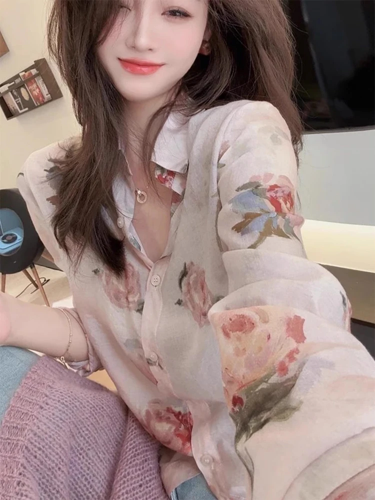 春ロングスリーブ花柄プリントirtレディースエレガントホワイトスリムトップ万能カジュアルルーズフィット襟付きirt