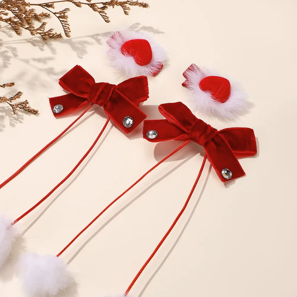 

4pcs Princess Girl Velvet Bow Hair Clips Set Cute Pompom Heart Hairpins for Autumn Winter Sweet Christmas New Year Headwear