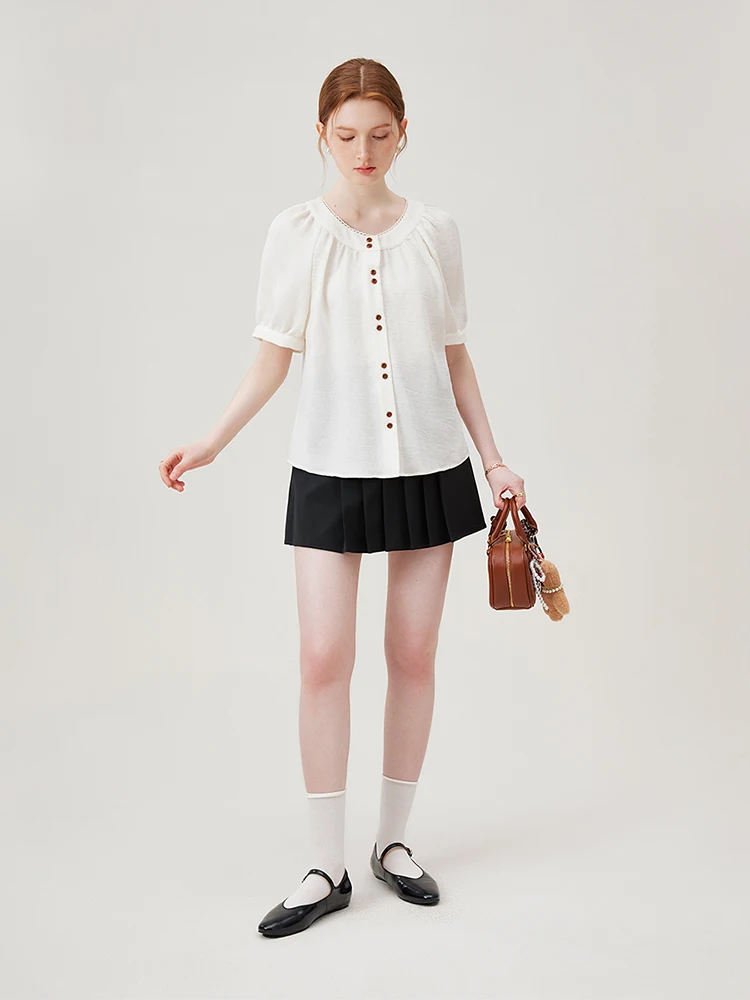 FSLE French Style Temperament White Short Sleeve Shirt O-Neck Raglan Sleeve Single Breasted Tops Cotton Linen Blouse 24FS18048