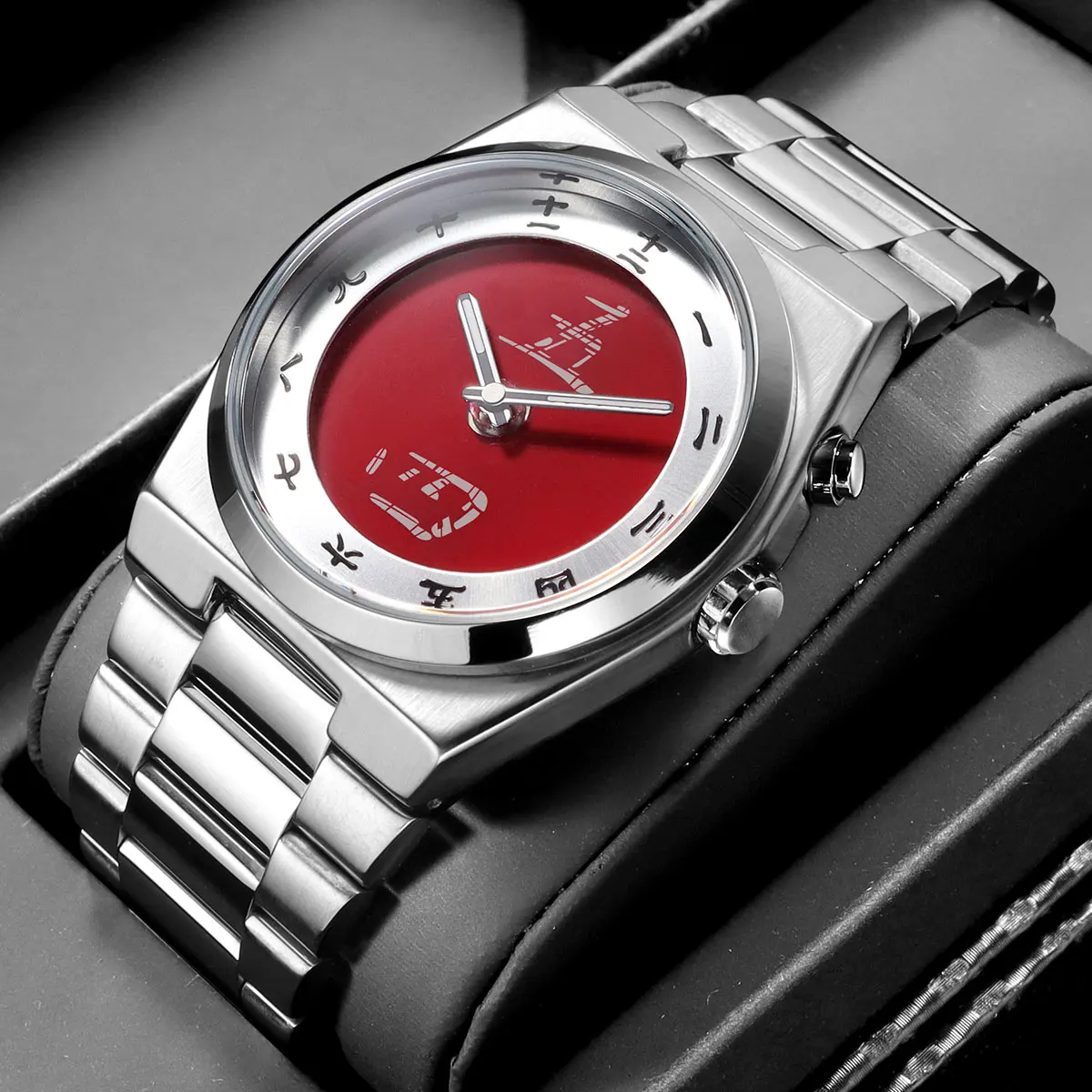Minimalist Men's Quartz Watch with Stainless Steel Strap Chinese Character Time Markers Fashion Design Waterproof Wristwatch