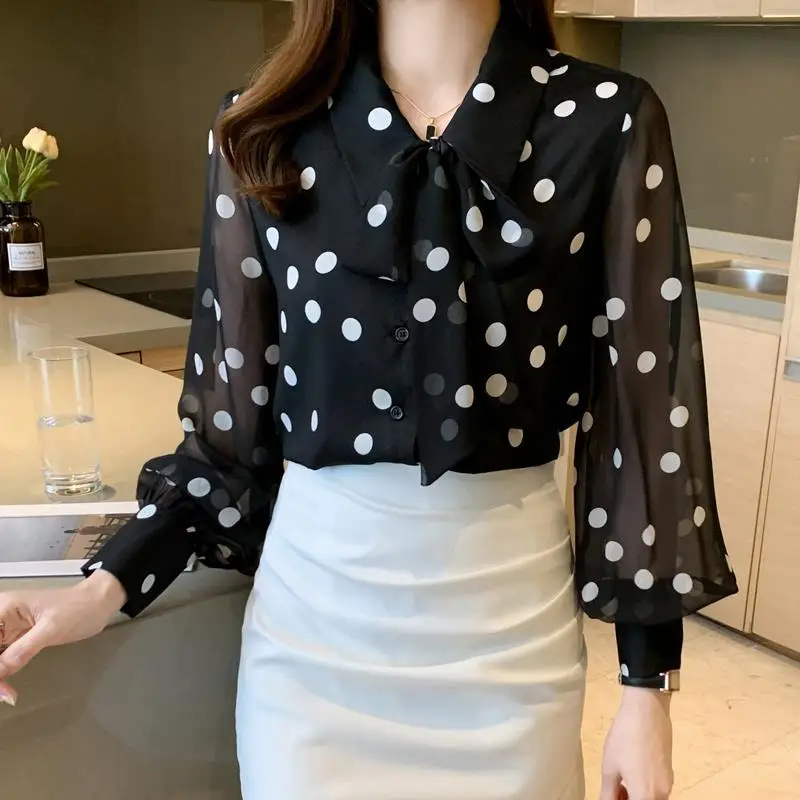 Spring Summer Polka Dot Printing Chiffon Shirt Women Fashion Turn-down Collar Bow Long Sleeve Blouse Female Single Breasted Tops