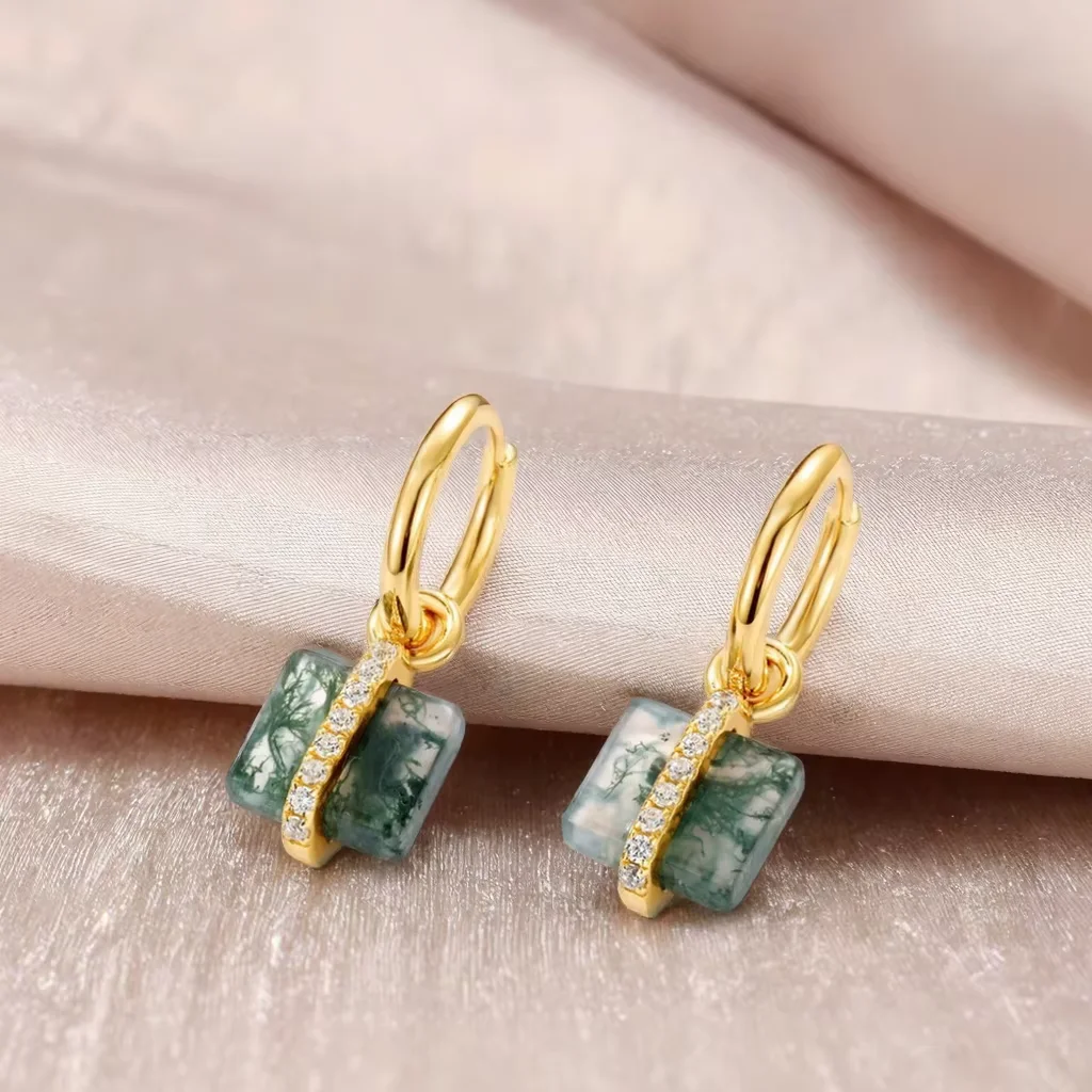 

Women's Pendant Hoop Earrings Inserted Square Cut Moss Agate Earrings Gold Plating for Engagement Wedding Party