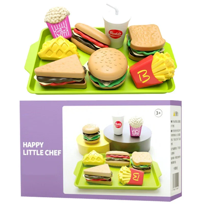 Children's Hamburger Pretend Play Cooking Toys Set, Mini Simulação, Comida, Cozinha, Meninas, Sanduíche, Batatas fritas, Hamburguer, Assembly Game