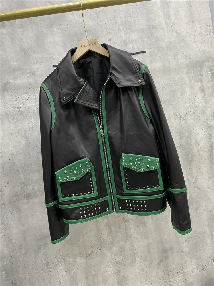 Jaket Kulit Asli Mantel Kulit Domba Asli Rivet Cocok Warna Wanita Mode Jaket Biker Moto Turndown Pakaian Luar Wanita Y3063