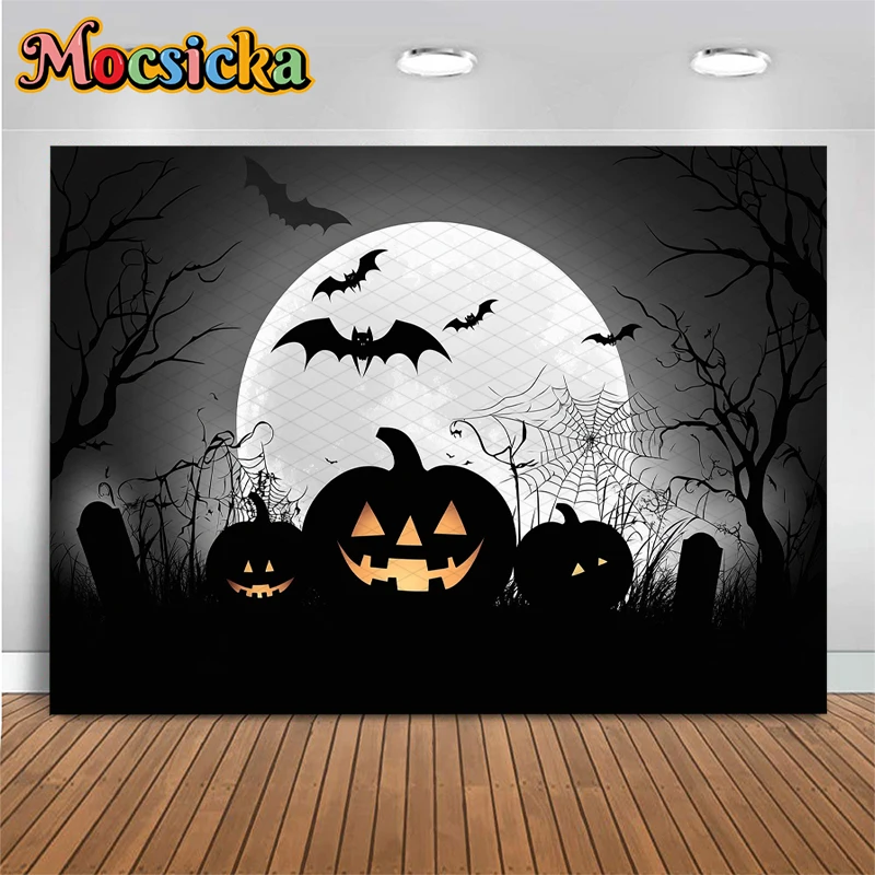 Mocsicka ハロウィン背景 ブラック パンプキン パーティー ナイト ムーン 墓石 クモの巣 コウモリ ジャック・オ・ランタン 装飾 背景バナー