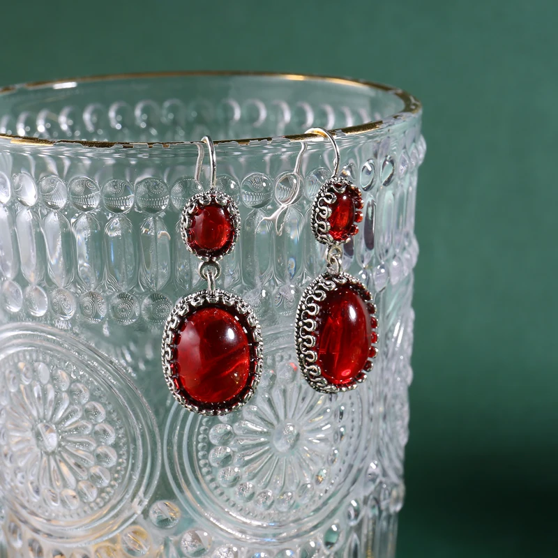 Fashion Long Oval Red Zircon Dangle Earrings for Women Simple Silver Color Hook Earrings Wedding Engagement Jewelry