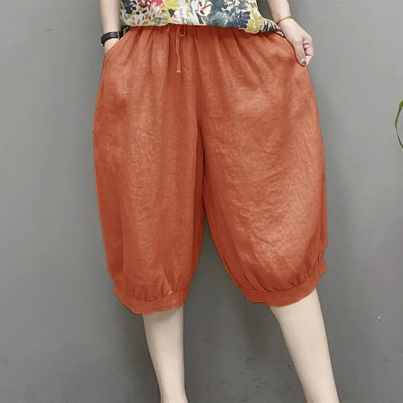 

Summer New Women's Dress Elastic Waist Popular Lantern Wide Leg Pants 5/4 Pants Fashion Loose Imitation Cotton Hemp Pants