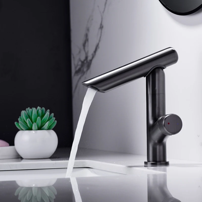 

Deck Mounted Single Handle Bathroom Vanity Sink Faucet Single Hole Hot and Cold Mixer Taps Rotatable Lavatory Sink Faucet Gray