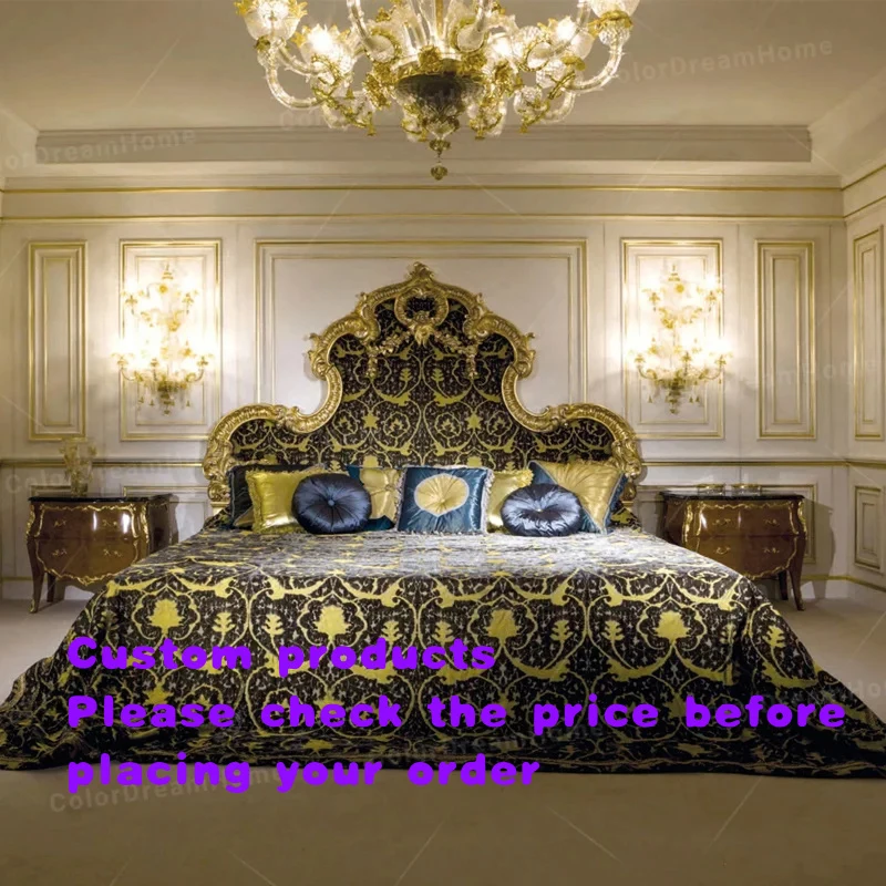 custom.French Baroque Size Bedroom Set in Black Wood Classic Carved Bed and Nightstand