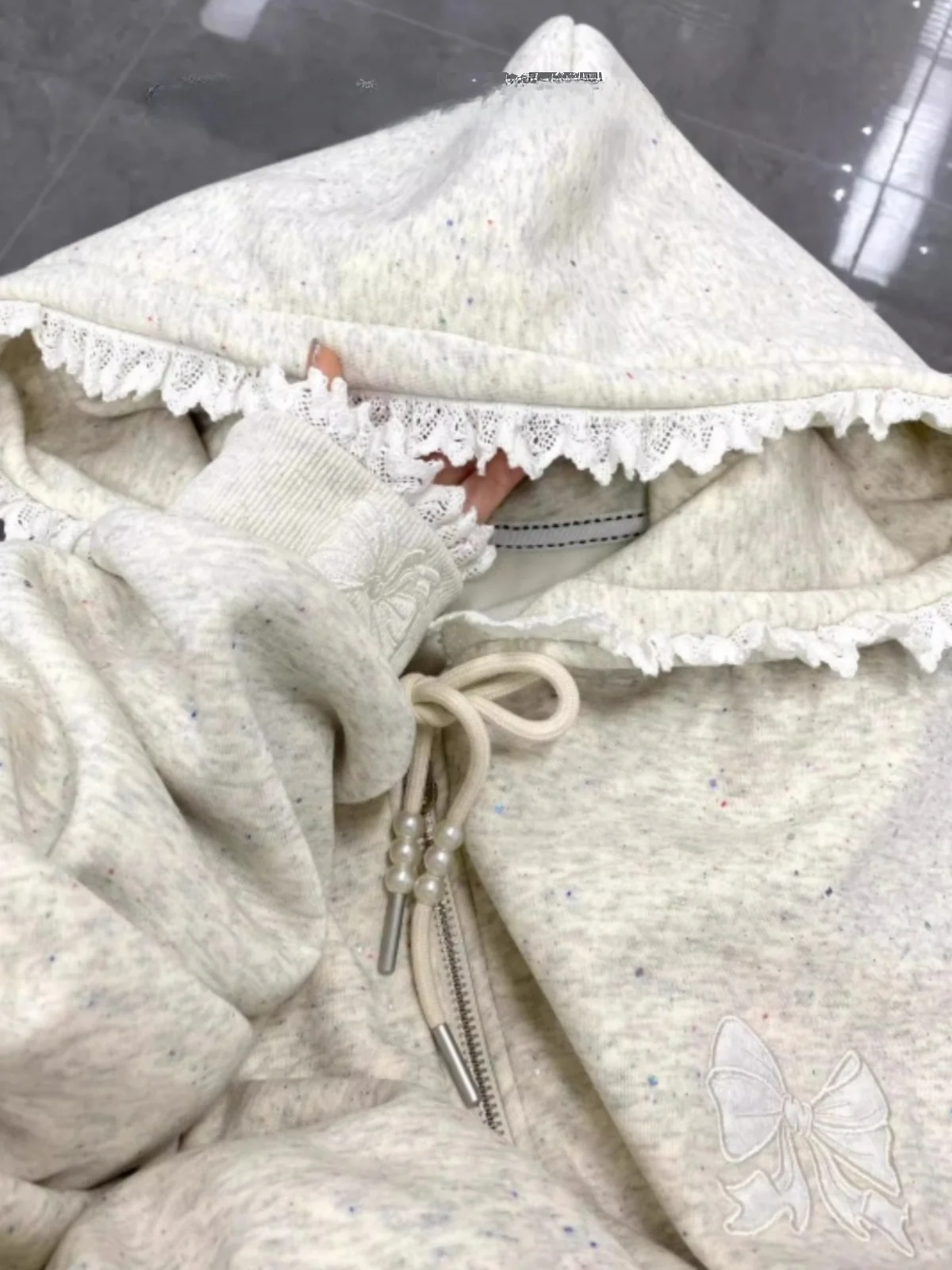 

Lace Trim Hat Design Women's Fce Lined Thiened Winter Outerwear Pearl Knot Casual Long Sve Hoodie Sle