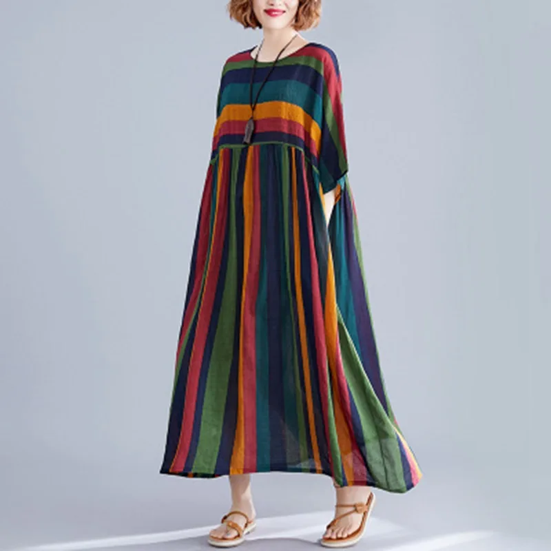 Summer women's new plus size 7XL retro round neck short sleeve striped stitching cotton and linen pocket casual swing dress